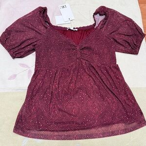 DR2 Daniel Rainn Blouse Womens M Red Maroon Floral Smocked Stretch NW